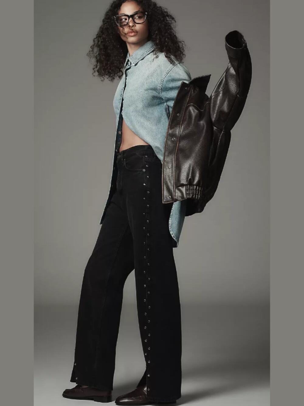 New Reformation Cary High-Rise Wide-Leg Black Studded Jeans - 29 waist
